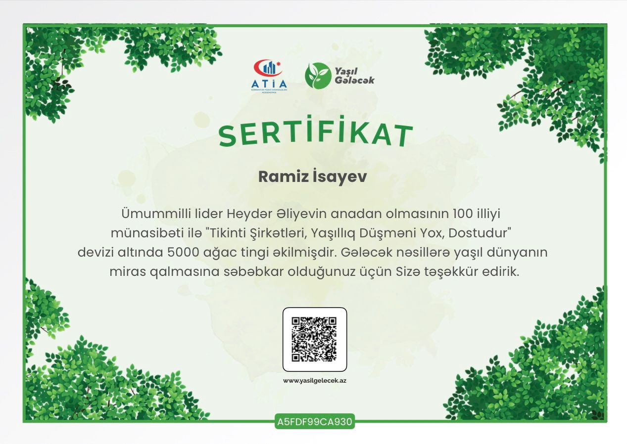 “Yaşıl gələcək” platforması tərəfindən ATİA İdarə Heyətinin sədri Ramiz İsayevə sertifikat təqdim olunmuşdur